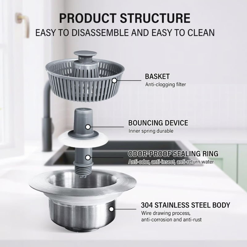 3-in-1 Stainless Steel Sink Drain Strainer ~ Prevent Clogs, Stop Odors & Keep Water Flowing Smoothly