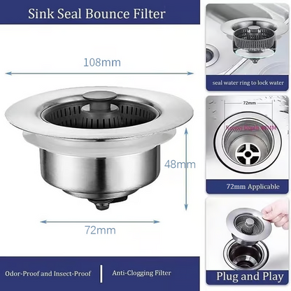 3-in-1 Stainless Steel Sink Drain Strainer ~ Prevent Clogs, Stop Odors & Keep Water Flowing Smoothly