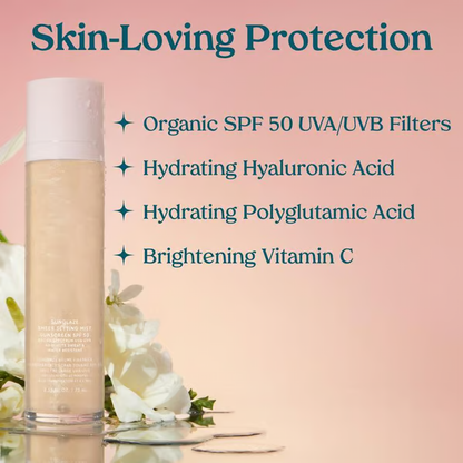 Sunglaze Setting Mist ~ Weightless SPF 50 & makeup lock in one spray.