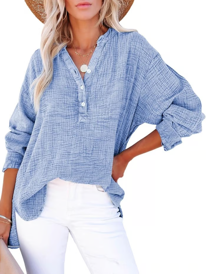 V Neck Long Sleeve Shirt ~ Your go-to for laid-back, chic outfits